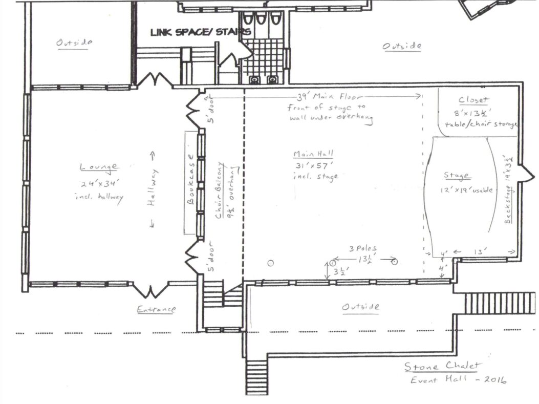 stone chalet event hall layout with room size details
