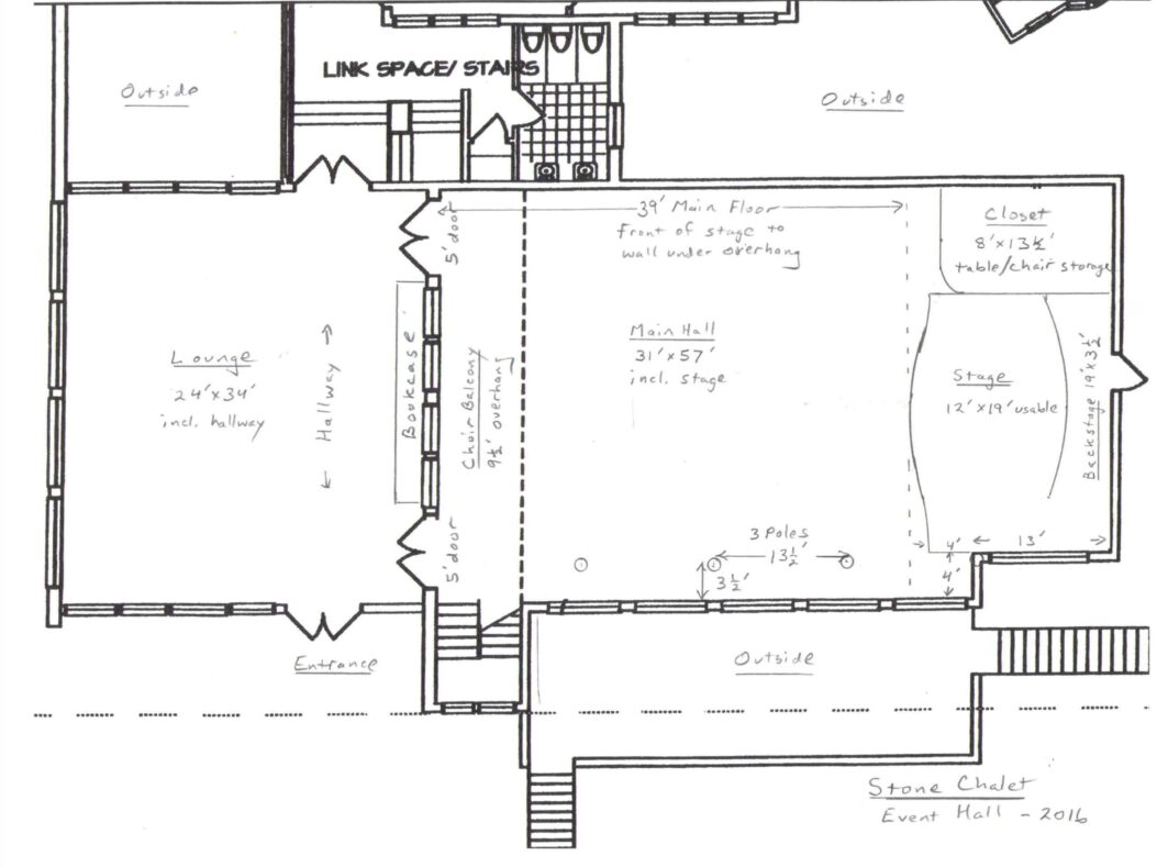 stone chalet event hall layout with room size details